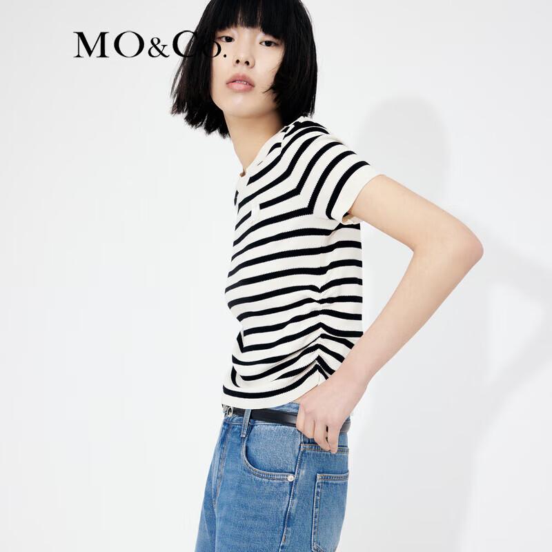 MO&Co. Classic Striped Beaded Logo Short-Sleeve Knit Top