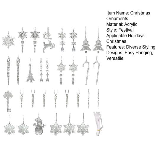 32 Pcs Christmas Ornaments Acrylic Hanging Decor Set with Snowflakes Deer Snowman Icicles Candy