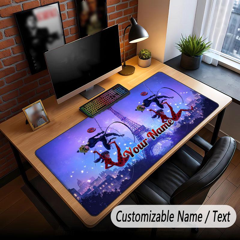 Custom Name Text Big Mouse Pad,Miraculous Ladybug Soft Non Slip Extended Desk Mat For Home Office