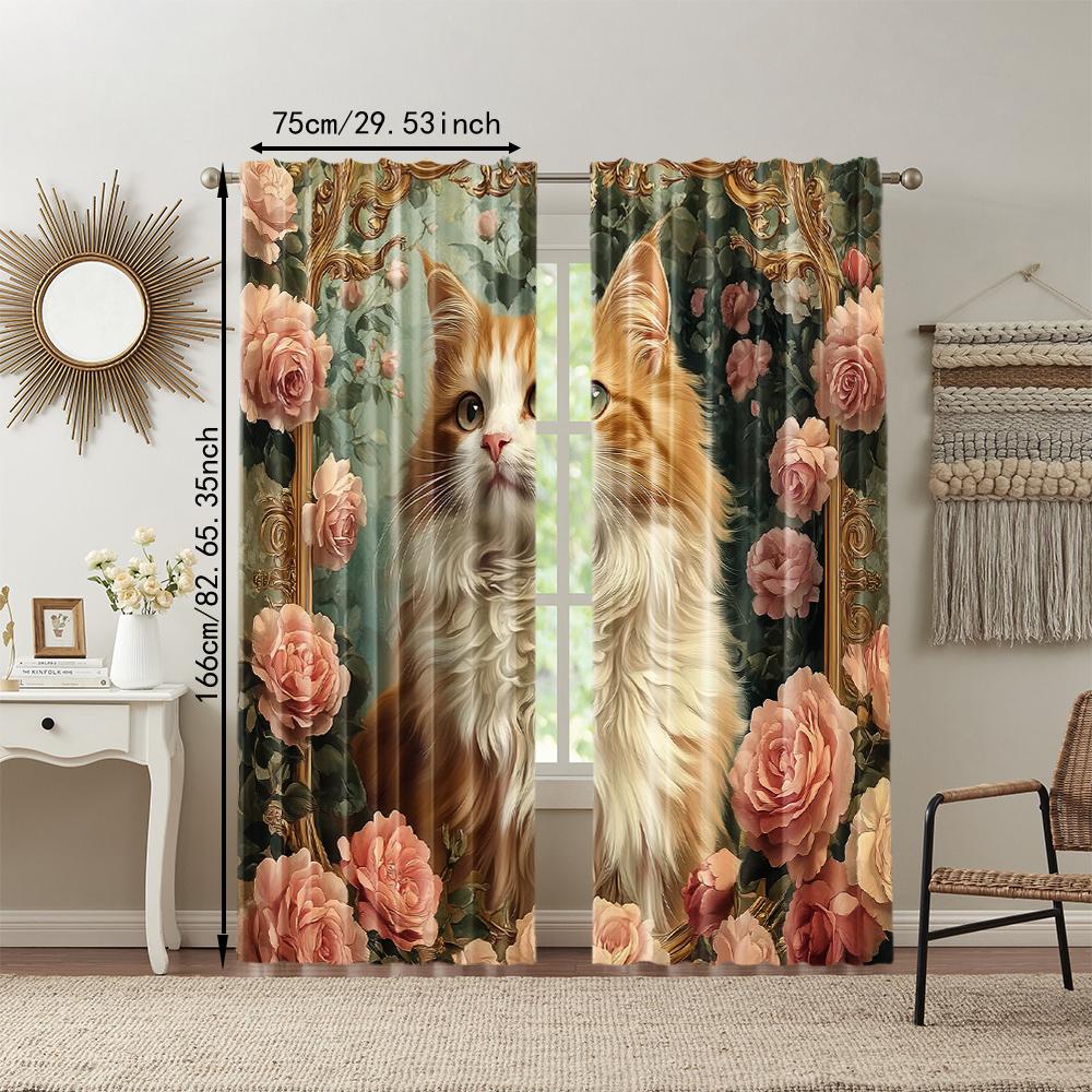 2 Pcs   Versatile Polyester Transparent Curtains for Home Decoration Rose Cat for Use In Bedrooms and Living Rooms