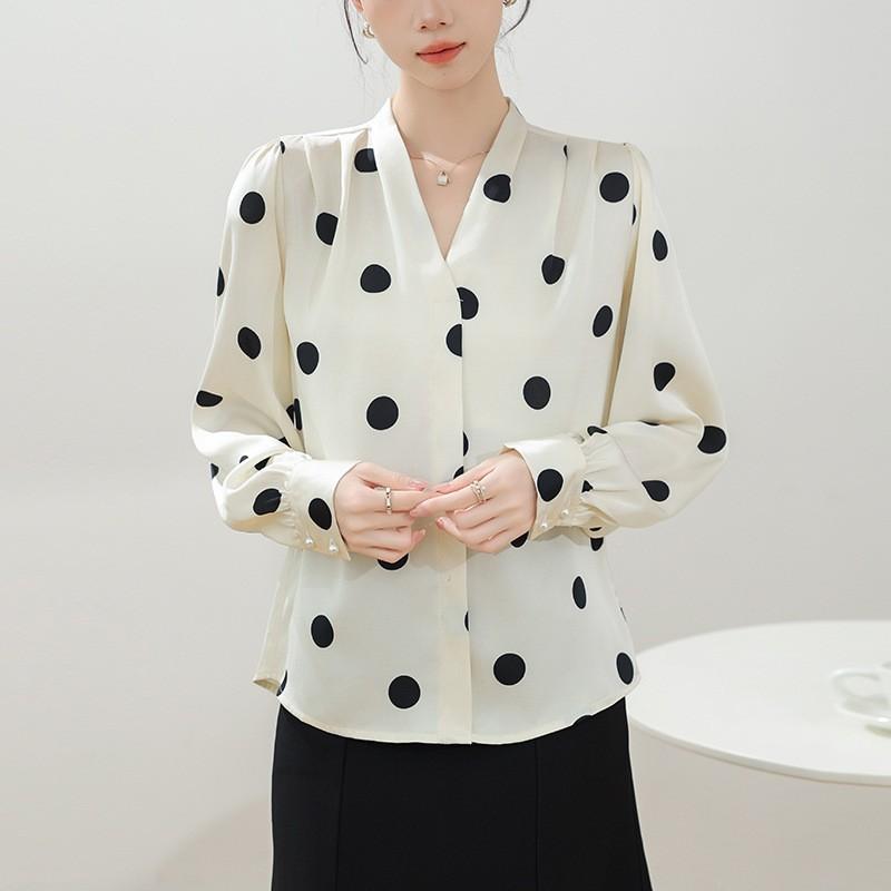Womens Elegant Polka Dot Blouse Vintage Satin Shirt With Floral Ribbon Detail