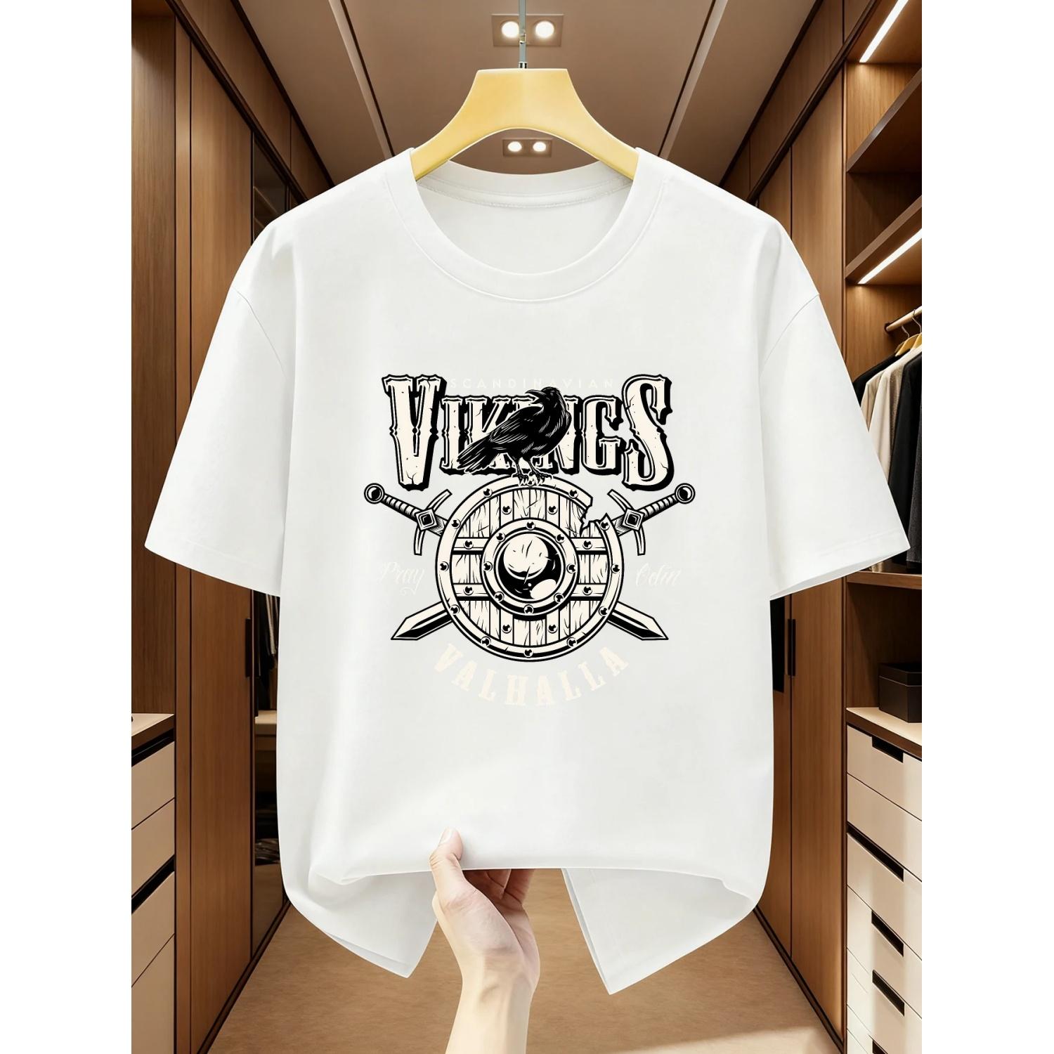

Men s Viking Spirit Hall Nordic History Theme T-shirt Viking Shield and Raven Warrior Pattern Casual Viking Style Men s Clothing XXXXXL чорний