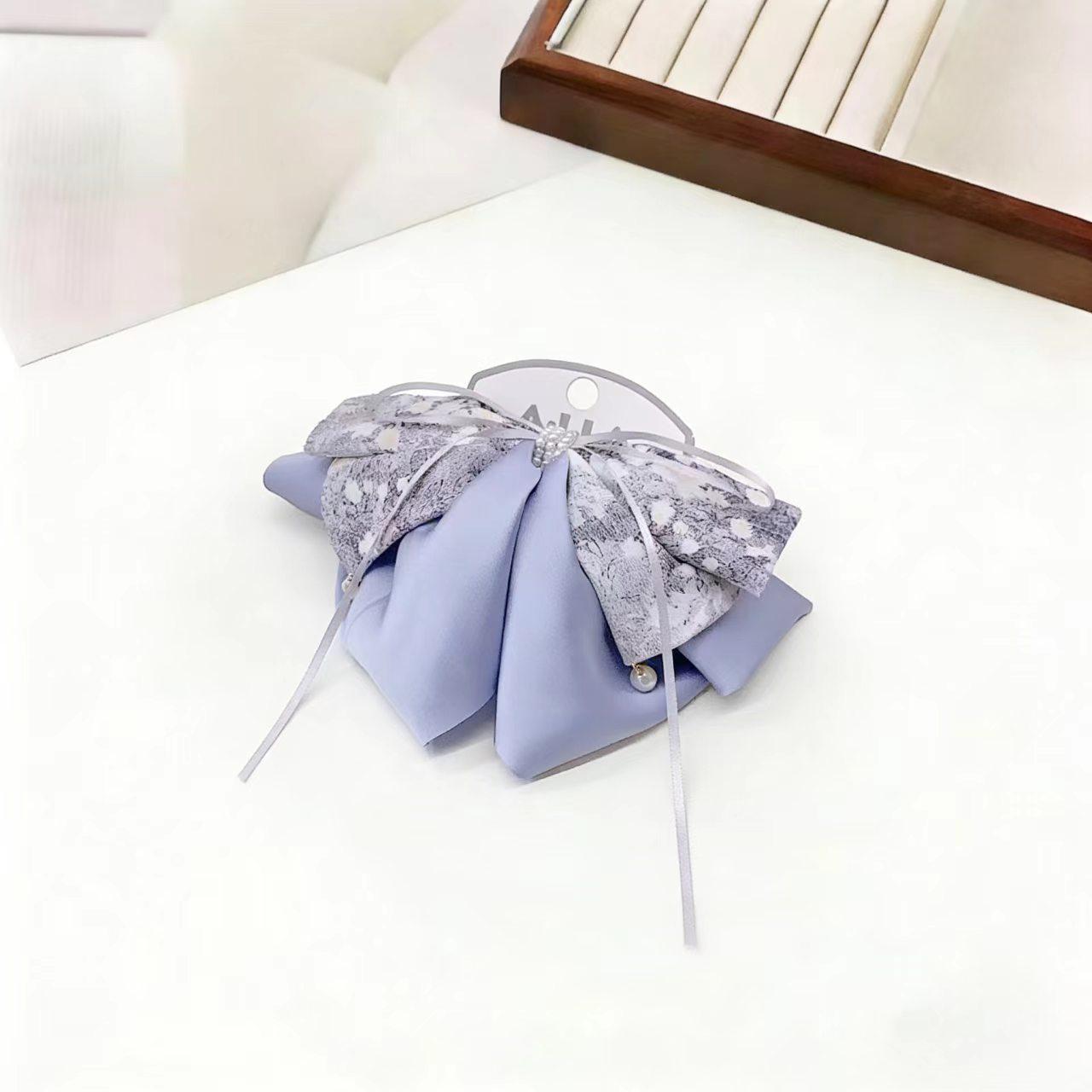 Chinese Satin Bow Claw Clip with Pearl Ribbon – Elegant Occipital Bone Hair Accessory