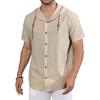 Men's Short Sleeve Shirt Cotton Linen Breathable Lightweight Solid Color Drawstring Hooded Shirts Casual Simple Style Tops