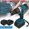 4000 Rpm Blue Brushless Electric Hammer Drill Electric Screwdriver 13mm 520N.m 20+3 Torque Cordless Impact Drill for -18V Battery 3-in-1