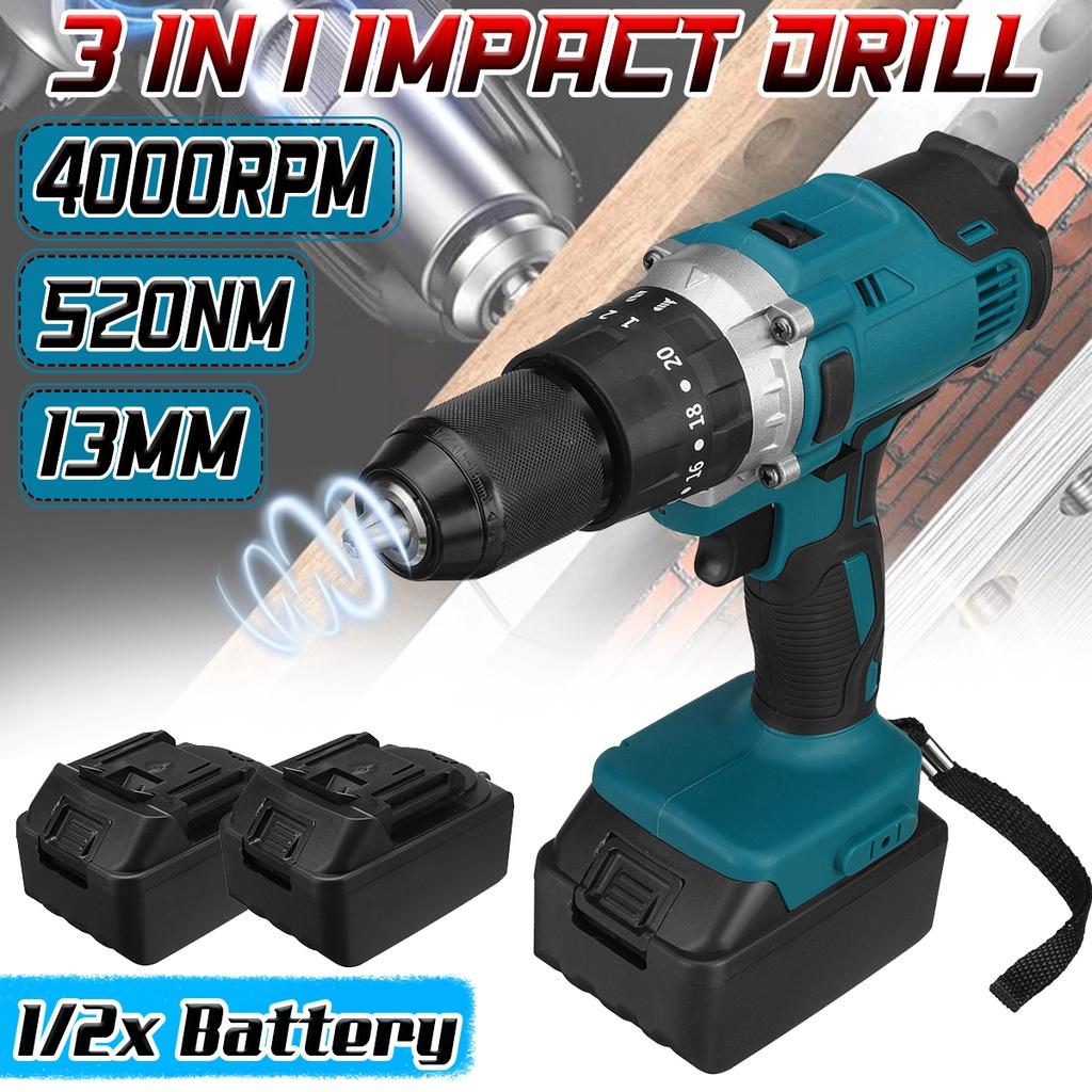 4000 Rpm Blue Brushless Electric Hammer Drill Electric Screwdriver 13mm 520N.m 20+3 Torque Cordless Impact Drill for -18V Battery 3-in-1