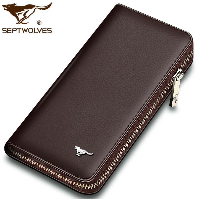 SEPTWOLVES Men s Genuine Leather Zipper Long Wallet 200x25x100mm