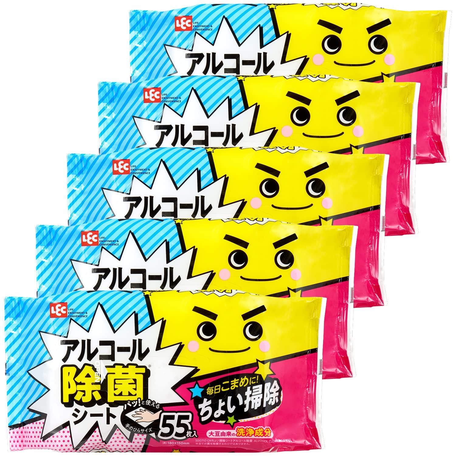 

LEC Gekiochikun Quick Cleaning 55 Sheets with Cleaning Ingredients Sheets, Alcohol-Based Disinfectant, (5-Pack) Soy-Derived
