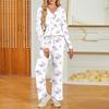 Women's V-Neck Loose Fit Printed Long Sleeve Pajama Set with Pockets - Casual Sleepwear Loungewear Set