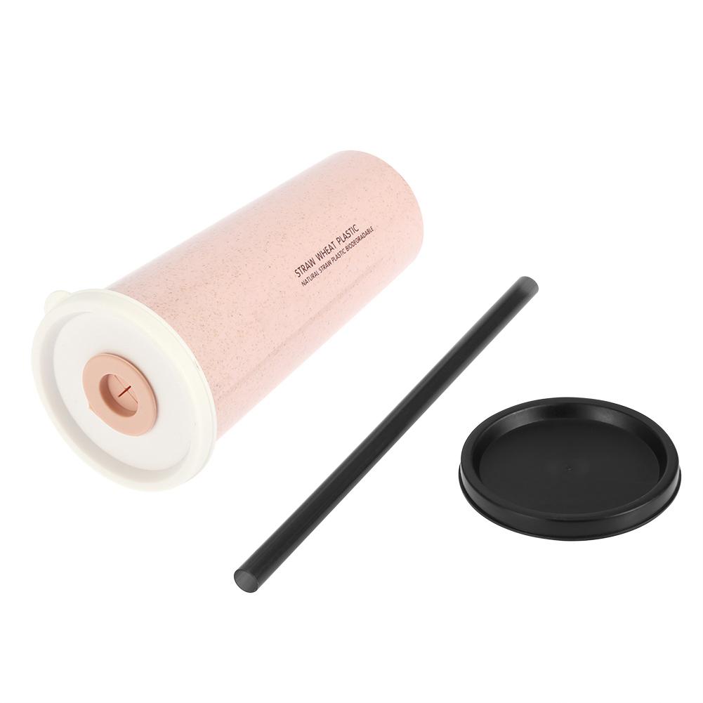 470 ml Wheat Straw Water Cup with Straw Multi Functional Double Lid Coffee Mug Pink