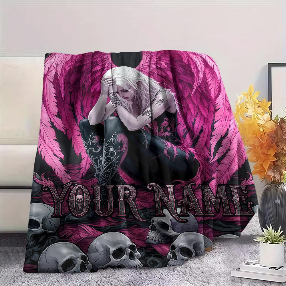 1PC Custom Name Pink Angel Skulls Patterned Flannel Blanket Suitable For All Seasons for Home Decor Warmth and Comfort Gifts Holiday Present_lx