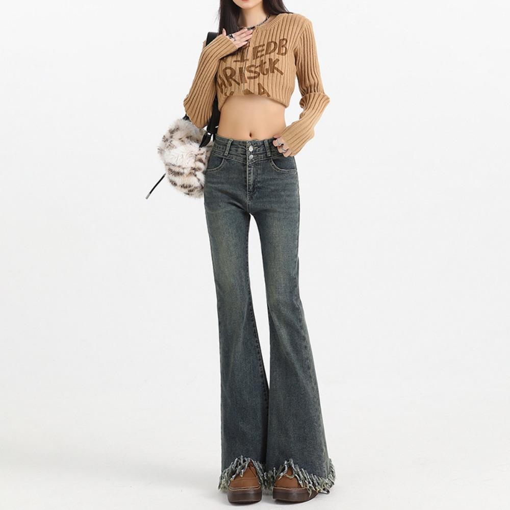 Micro-pull Jeans Women's Spring and Autumn New High-waisted Thin Retro Rough Edge Fringed Thin Flared Jeans