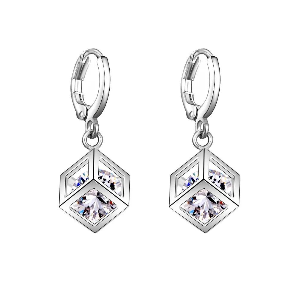2pcs Set Fashion Personality Silver Color Cube Zircon Crystal Pendant Necklace Earrings for Women Stainless Steel Jewelry Sets