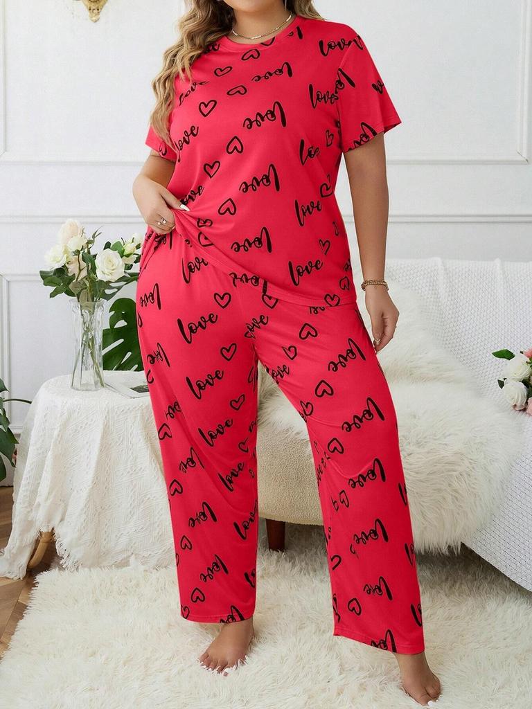 Plus Size Fat Lady Home Clothes Set, Women's Pajama Suit with Round Neck Short Sleeve and Long Pants