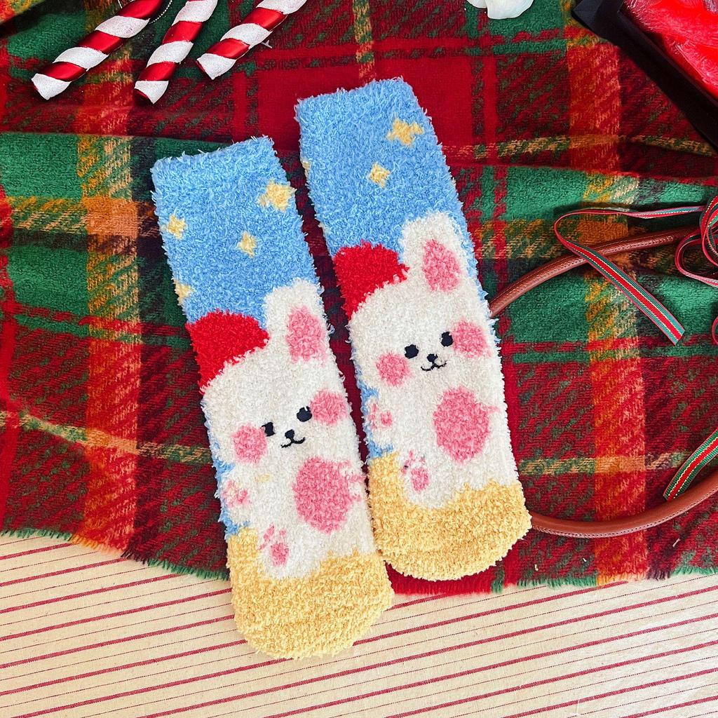 Wennie Oni Women's Plush Christmas Socks - Cozy Coral Fleece Winter Sleep & Warm Floor Socks with Cute Cartoon Design