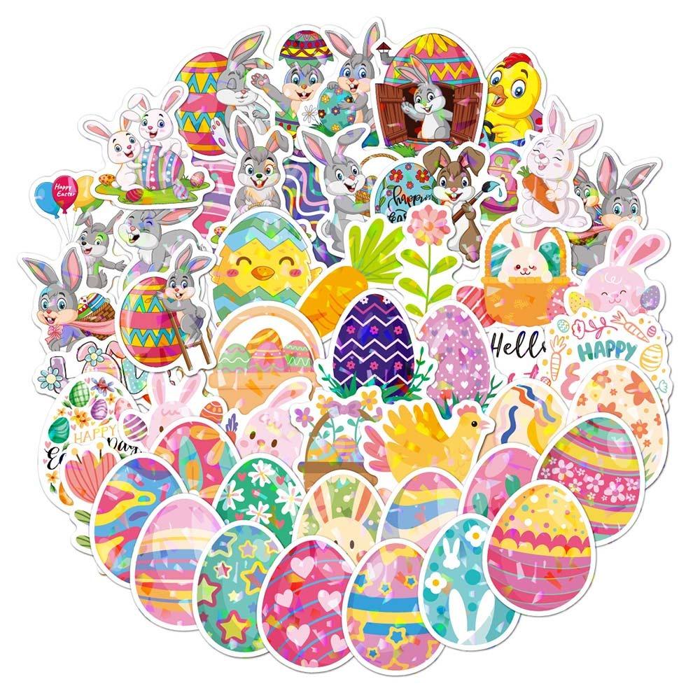 50/100PCS Multicolor Cartoon Rabbit Stickers Vinyl Holographic Glisten Easter Egg Decals Waterproof Self-adhesive