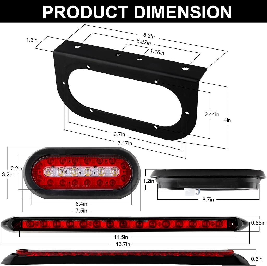 6' Oval LED Trailer Tail Lights Kit w/Brackets, 4Amber 2Red Mini Marker, 13.8' Red LED 3rd Brake Light Bar