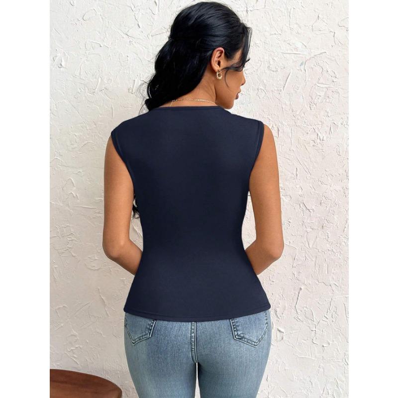 DAFIFY Women's Fashion Casual Summer Spring Solid Color Print Sleeveless Oblique Collark Blouses & Shirts