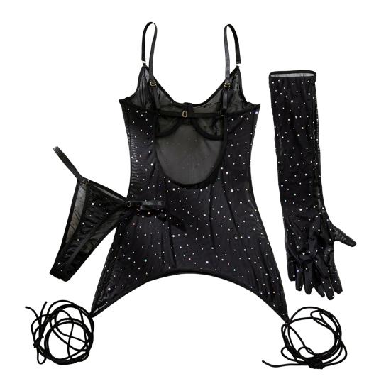 Sexy Mesh Mini Bodycon Dress for Women Sparkly Glitter Sequins Sheer See Through Cami Dress with Thong And Long Gloves