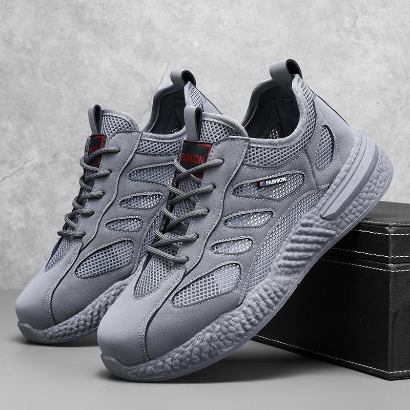 Men's Shoes Summer New Breathable Hollow Mesh Shoes Building Site Men's Non-slip Soft Bottom Sports Shoes Casual Sneakers Gray