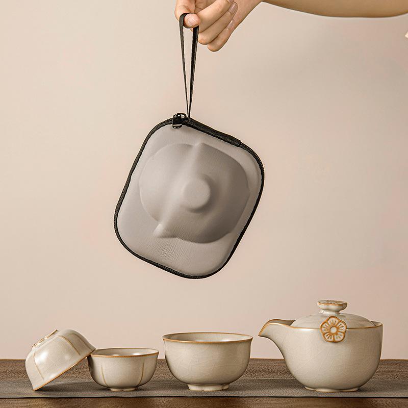 Ru Kiln Portable Tea Set with Three Cups - Ideal for Travel, Home, or Corporate Gifts