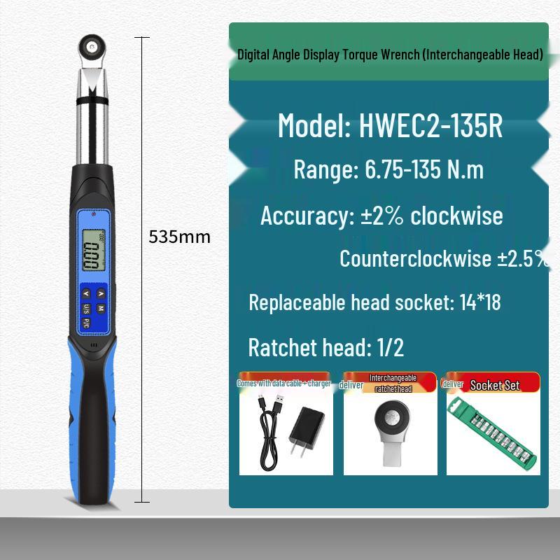 HEMUELE Digital Display Torque Wrench with Interchangeable Head Angle - HWEC Detection