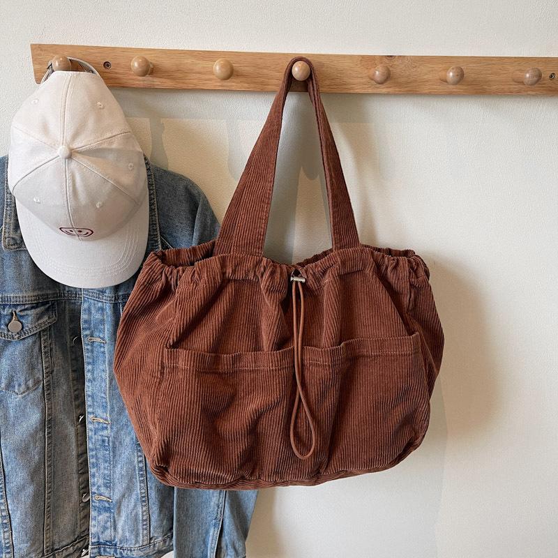 Japanese Retro Corduroy Handbag Canvas Large-Capacity Underarm Bag Fashion Drawstring Shoulder Women'S Bag