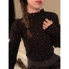 Women's Black Fungal Collar Polka Dot Base Shirt, Autumn/Winter Long-Sleeve Korean Style Top