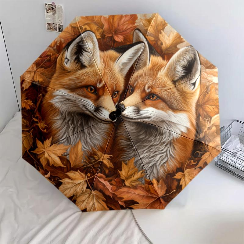 0106 Leaf Fox  Pattern, Automatic Folding Umbrella, Portable and Foldable Design, 8 Ribs, a Christmas or Birthday Gift.