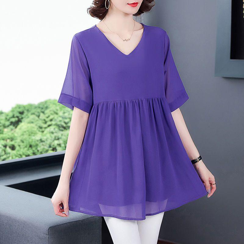 Fashion Commute Solid Midi Shirt Women's All-match Patchwork Summer Short Sleeve Elegant V-Neck Chiffon Blouse