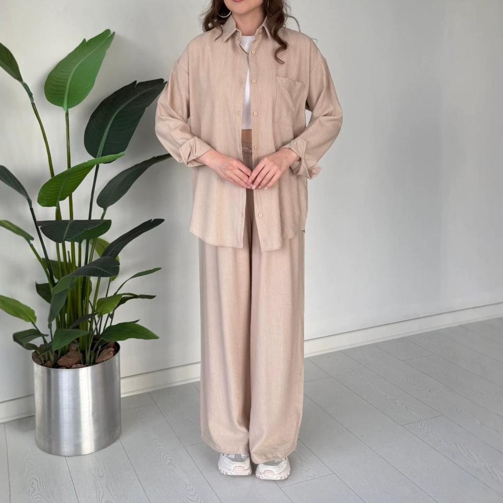 European and American women's clothing new daily casual style long-sleeved button-up shirt drawstring wide-leg pants set