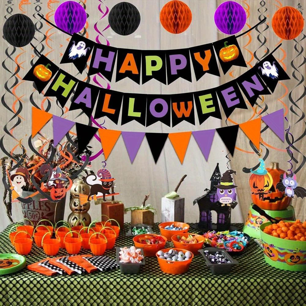 2sets Happy Halloween Banner Paper Triangle Flag Bunting Circle Confetti Hanging Garland Honeycomb Ball Swirl Streamers Halloween Party Decorations