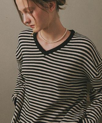 RONRON Stripe V Neck Loose Fit Knit Black Stripe