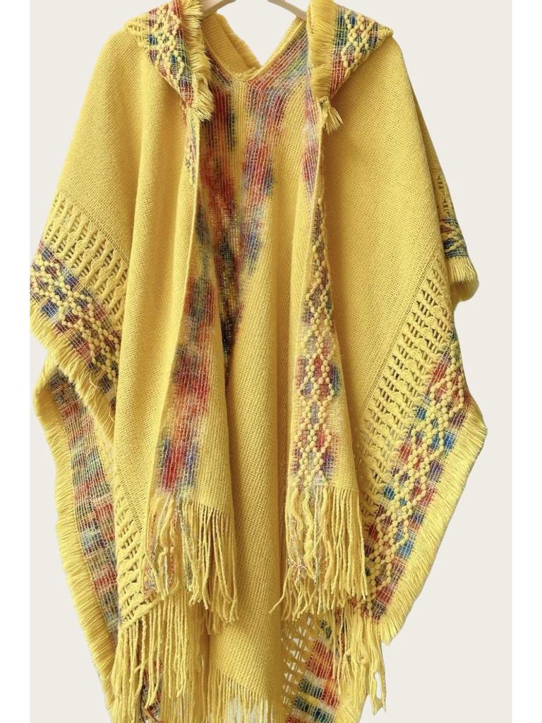 Ethnic Style Hooded Tassel Shawl Cloak – Women's Warm Knitted Cape, 2025 Collection.