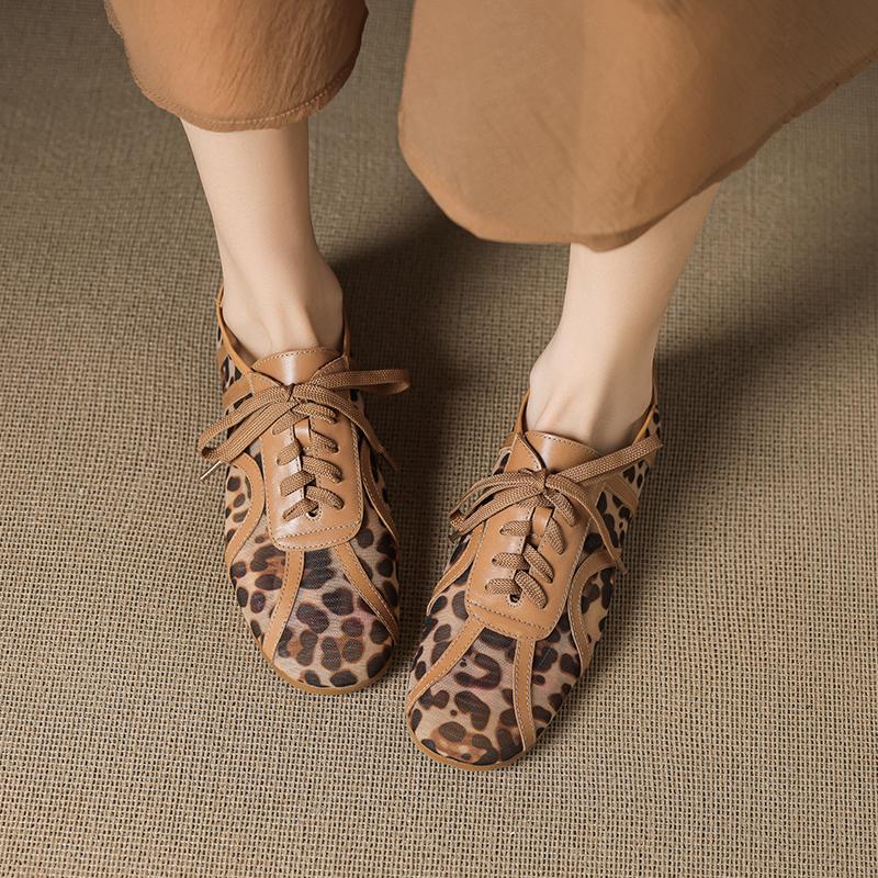 Fashion 2025 Fashion Mesh Leopard Lace Up Flat Shoes Casual Shoes Comfort Spring Summer Round Toe Casual Shoes Pumps Women Flat Pumps