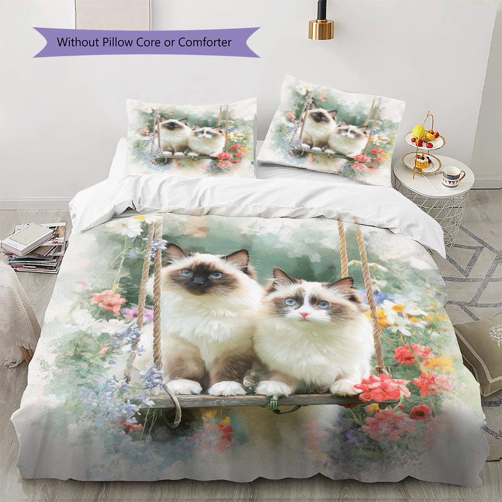 Ragdoll Cat and Fresh Flowers Pattern Bedding Home Decoration Birthday Gift (1 * Duvet Cover + 2 * Pillowcase, Without Core)