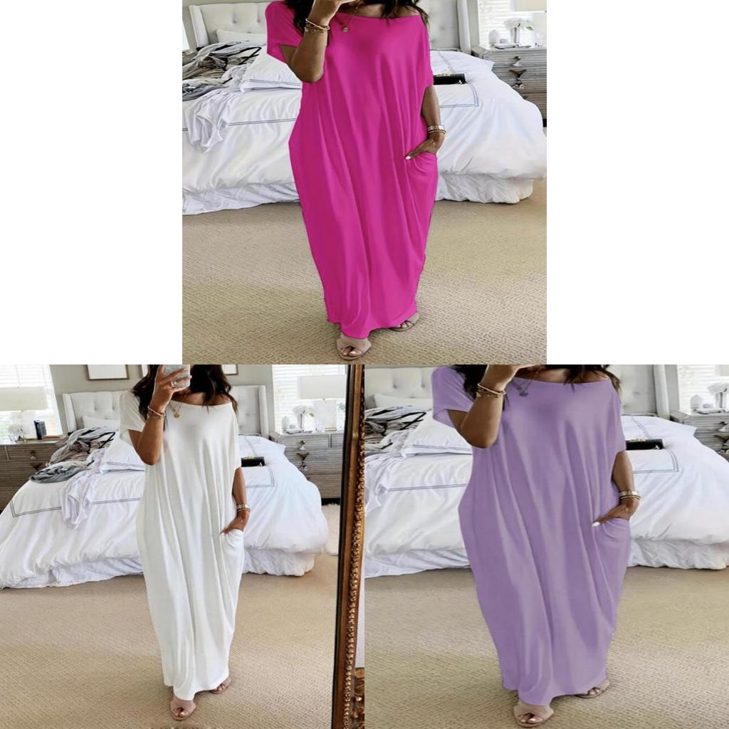 Milk Silk Casual Long Dress With Short Sleeves And Oneshoulder Neck For Summer Wear
