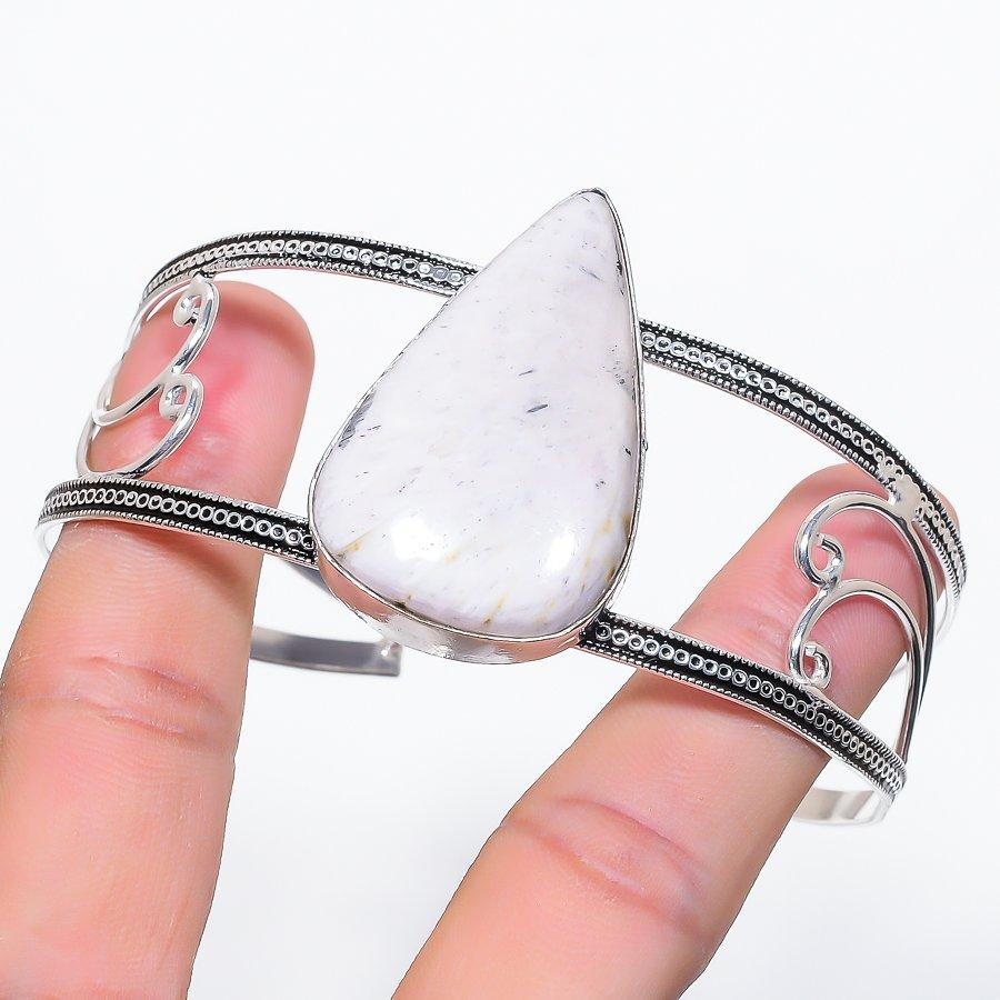 Scolecite Gemstone 925 Sterling Silver Cuff Bangle Adjustable