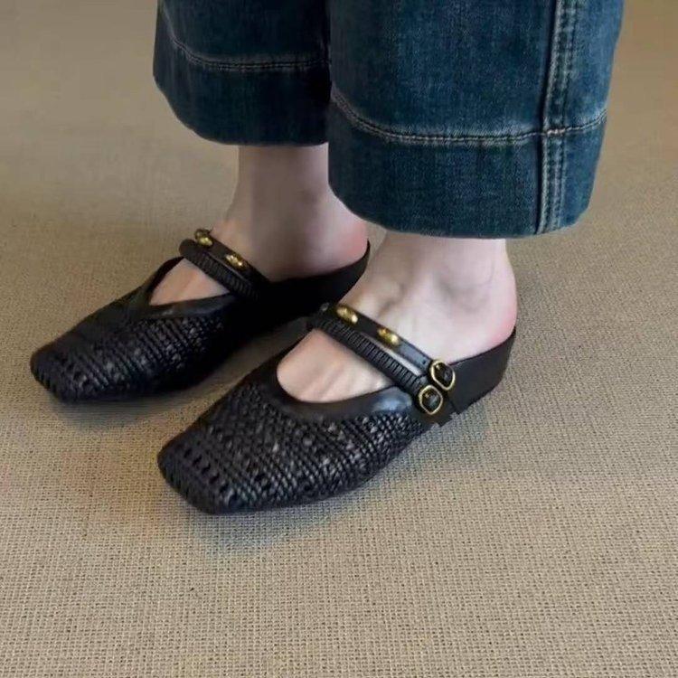 Soft Leather Version~ Versatile Black Hand-woven Hollow Breathable Bag Head Shoes Women's Metal Word with Square Head Half Slippers