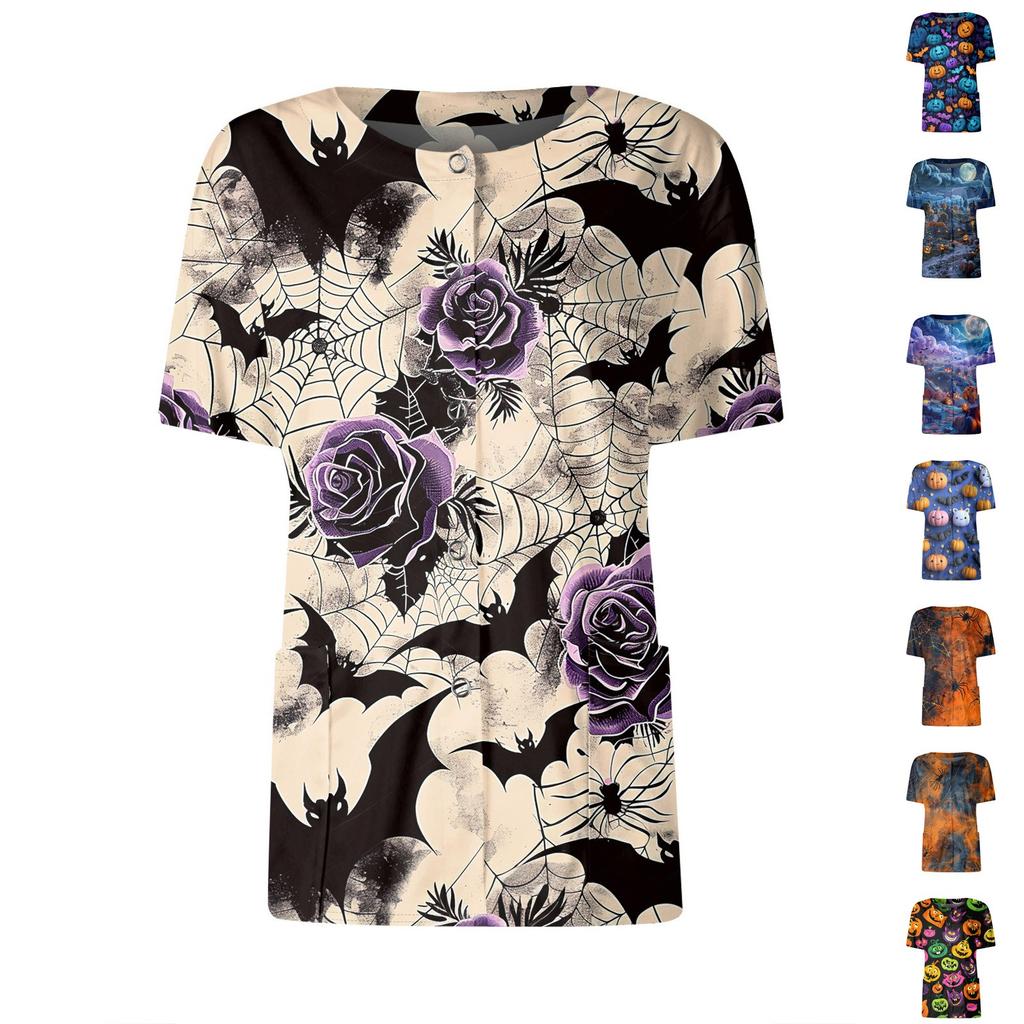Women's Short Sleeved Patterned Pockets, Work Print Stand Up Collar, Single Breasted Protective Clothing, Cardigan Jacket, Top