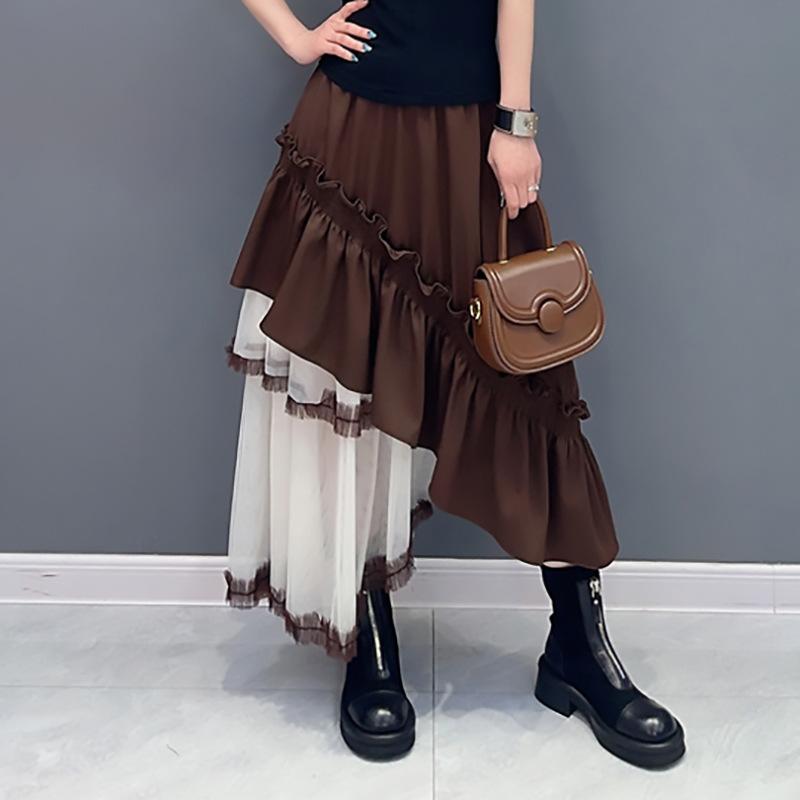 European Station Spring and Autumn New French Retro Design Sense Irregular Mesh Splicing Fluffy Half-length Dress Women