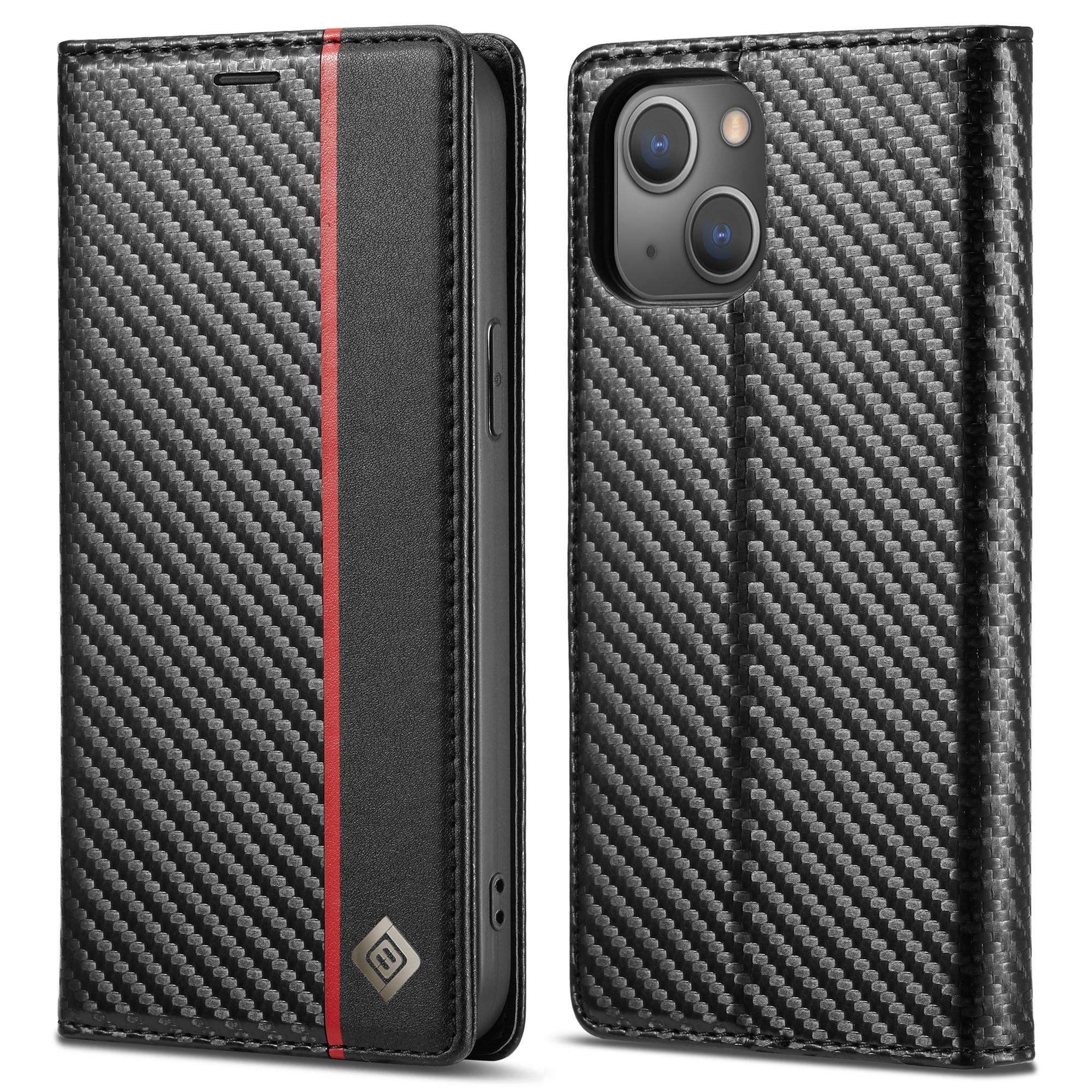 

LC.IMEEKE For iPhone 15 Scratch Resistant Leather Stand Cover Carbon Fiber Texture Wallet Phone Case Vertical Stripe