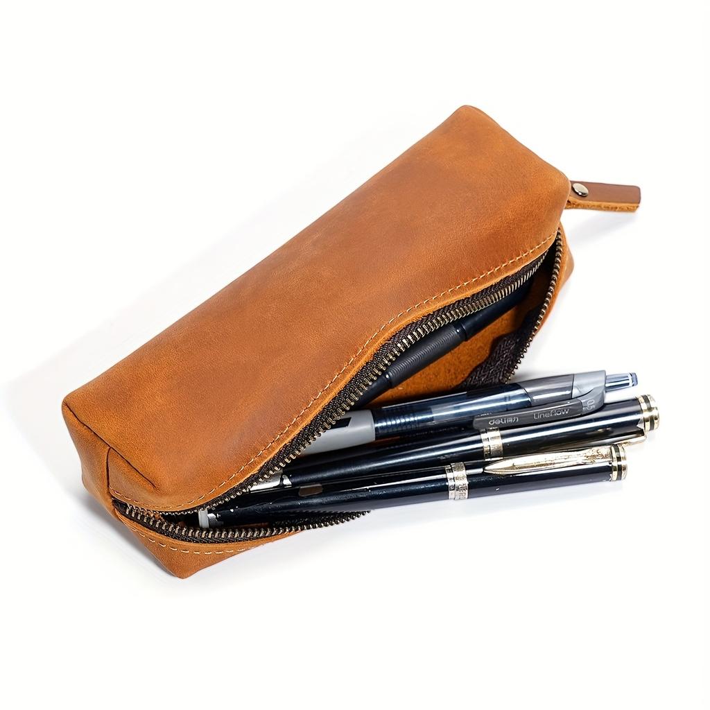 Crazy Horse Genuine Leather Zippered Pencil Case - Premium Leather Stationery Organizer with Black Zipper, Compact Pen Holder for Students