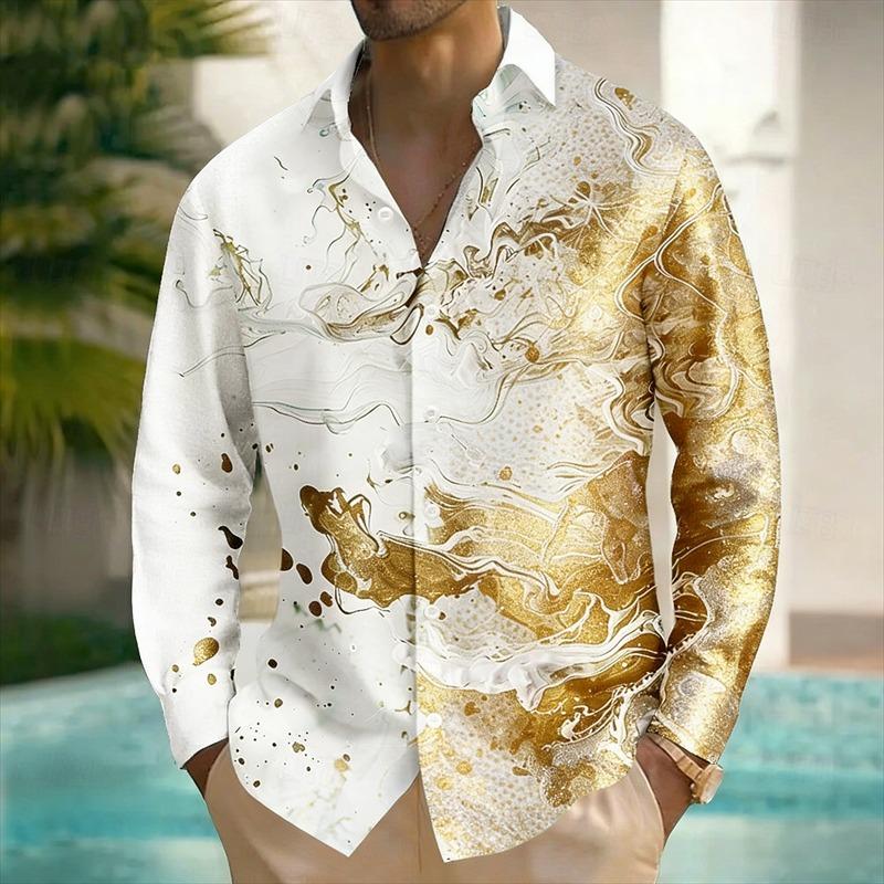 New Men's Long Sleeved Shirt with Harajuku Style 3D Ink Printed Long Sleeved Color Block Pattern Top and Shirt