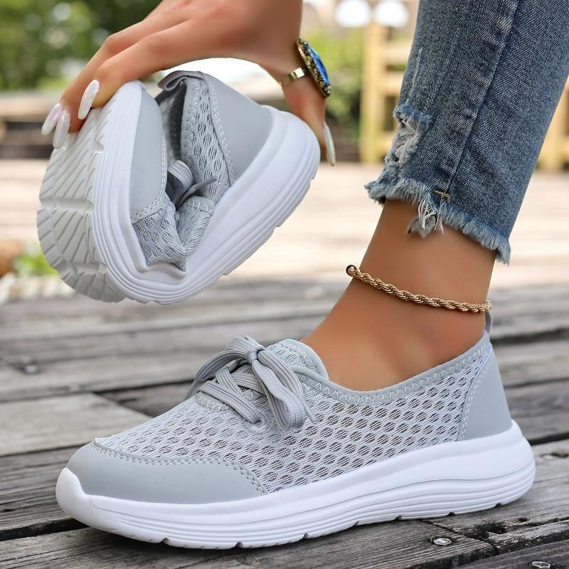 Casual Flat Sneakers Fall New Round Toe Deep Mouth Spliced Mesh Breathable Lace-Up Soft Sole Non-Slip Sneakers