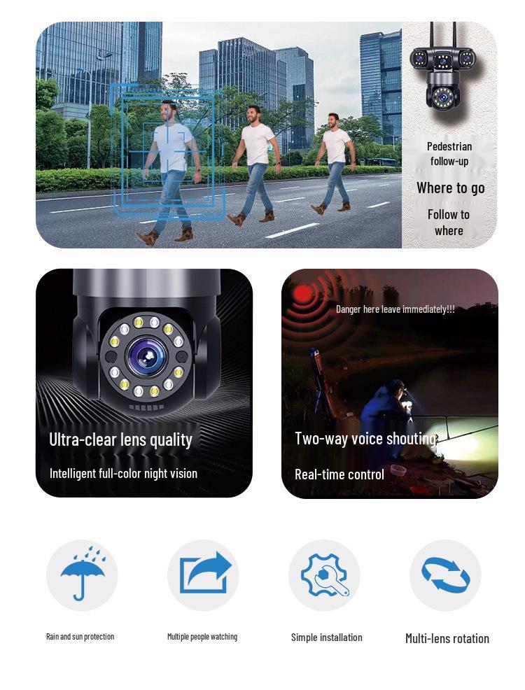 8MP Four-Lens Solar 4G Night Vision Outdoor Camera - Wireless, Remote Surveillance