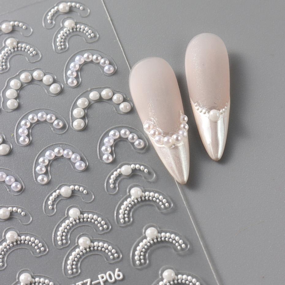 Weiße 5D-Simulationsperlen-Wellenlinien-Nagelkunstaufkleber, elegante, exquisite Nageldekorationsaufkleber, selbstklebende Transferschieber-Maniküre