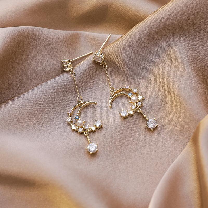 Vintage Rhinestone Heartbeat Earrings Crystal Moon Planet Pearl Zircon Earring Girls Party Birthday Gift Temperament Jewelry
