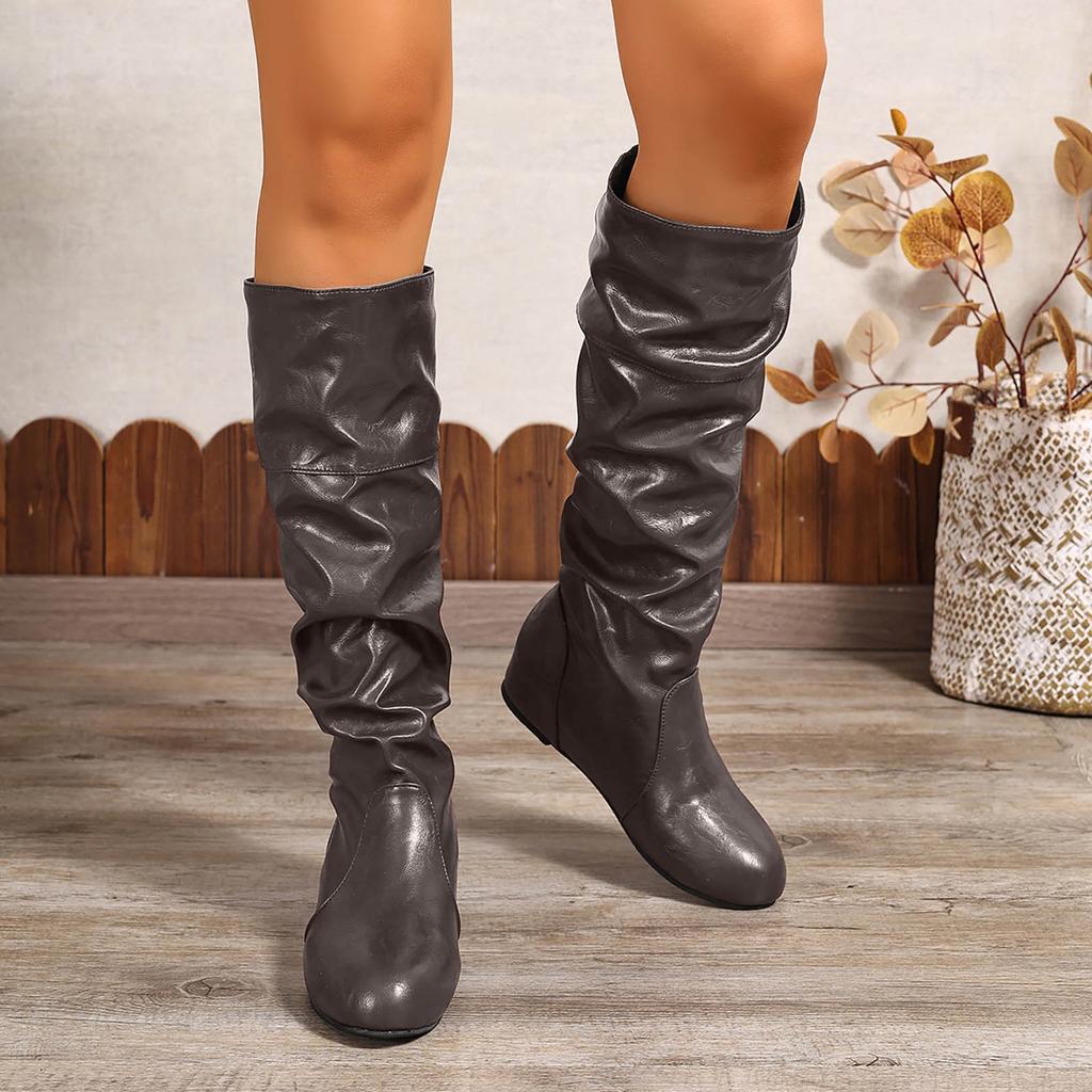 Damen kniehohe Keilstiefel Damen kniehohe Stiefel Runde Spitze Weite Wade zum Hineinschlüpfen Klobige Reitstiefel Für Schuhe Für Damen