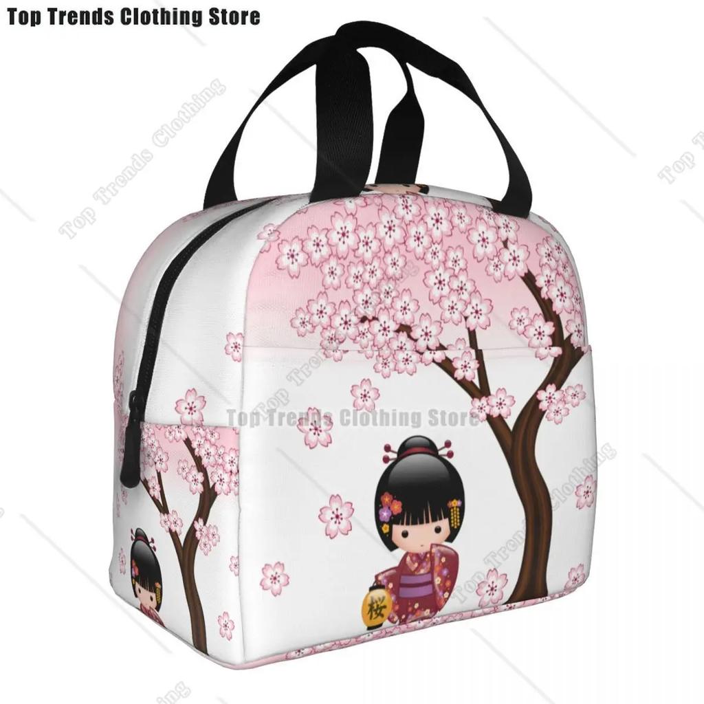 Japanese Keiko Kokeshi Doll Insulated Lunch Bag Cute Design Kimono Geisha Dolls Girls Cooler Thermal Bento Box Lunch Boxes